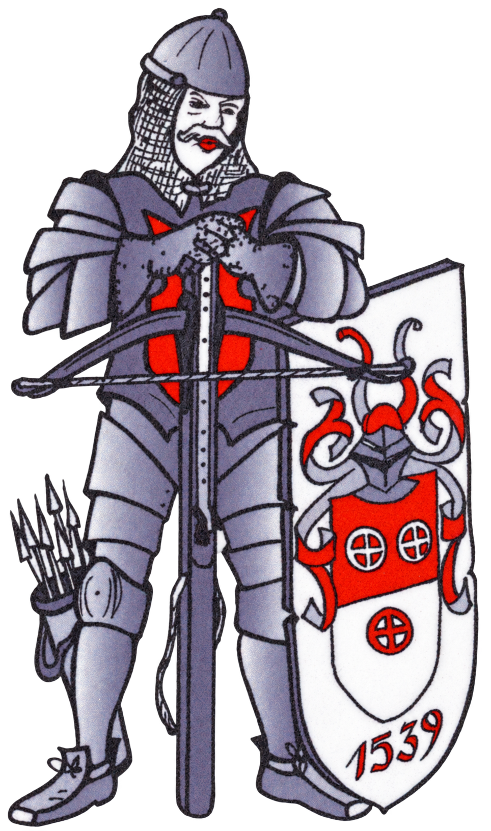 Twister Ritter mit Armbrust und Wappen mit drei Ringkreuzen und der Jahreszahl 1539