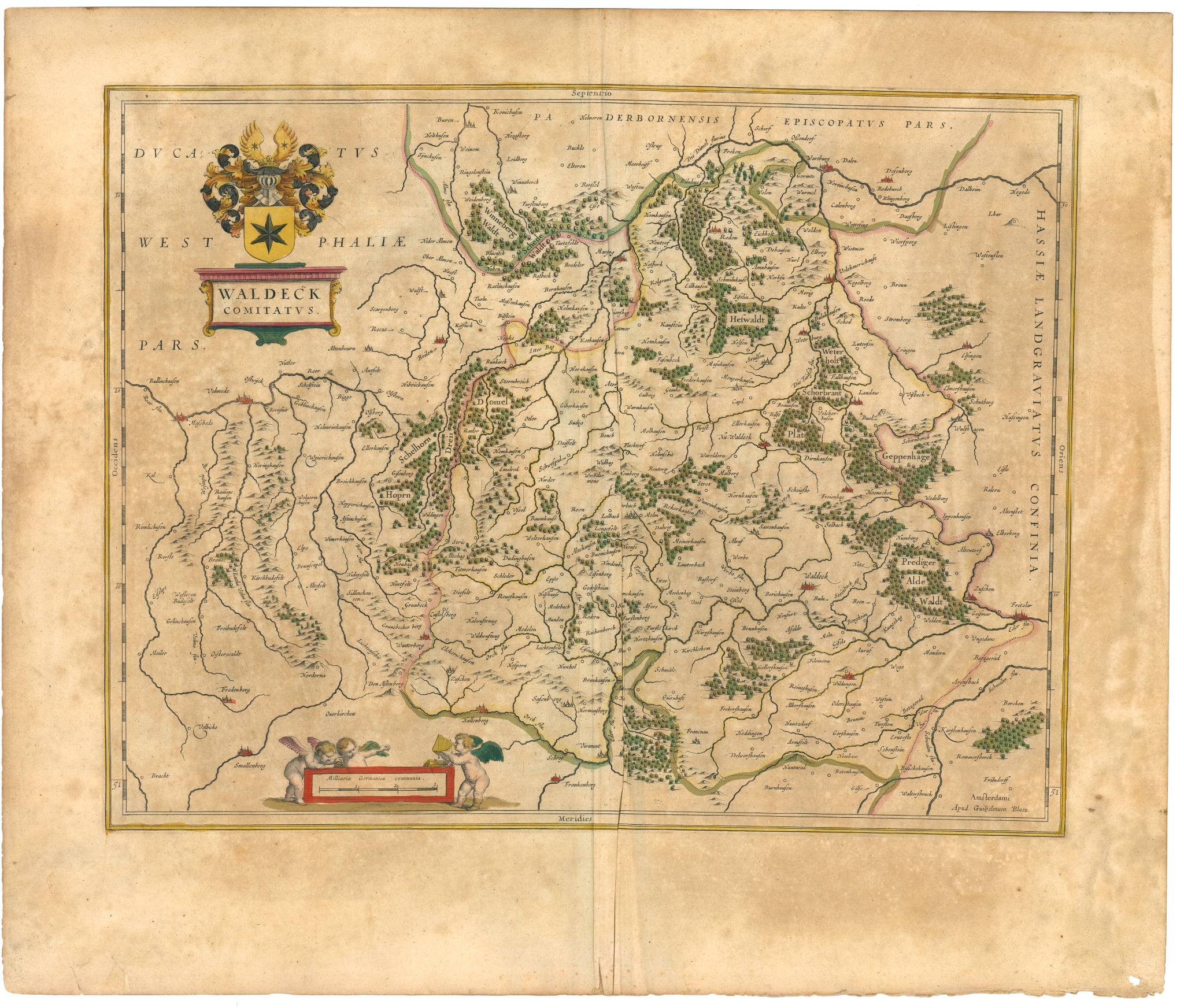 Historische Karte von Waldeck mit Ortsnamen und Wappen